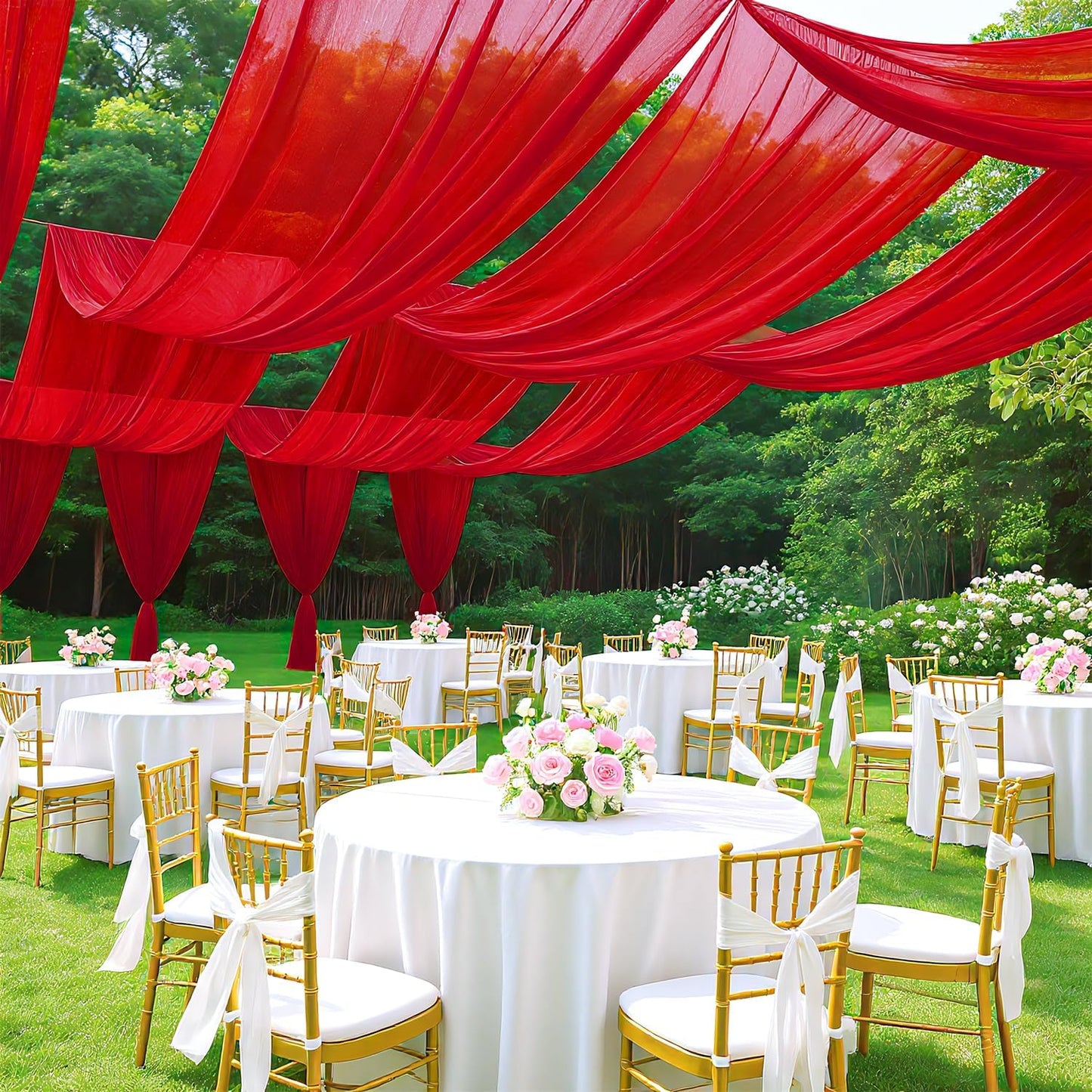 FUHSY Red Ceiling Drapes for Wedding Ceiling Drapes 5FTx20FT 2 Panels Sheer Ceiling Drapes for Parties Wedding Arch Draping Fabric Chiffon Curtain Wedding Drapery Fabric Ceiling Decorations for Party