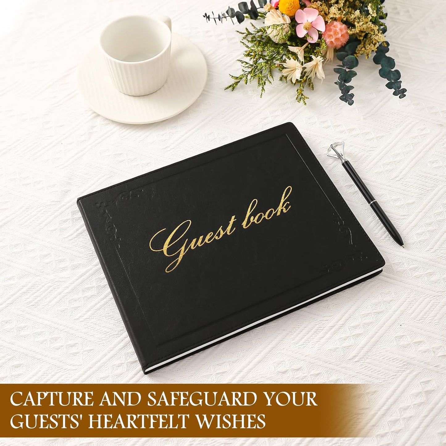 8x10 Leather Guest Book and Standup Sign Set, Gold Foiled Cover Registry Book for Wedding Reception, Retirement Party, Vacation Homes and Events, 120 Pages (Black)
