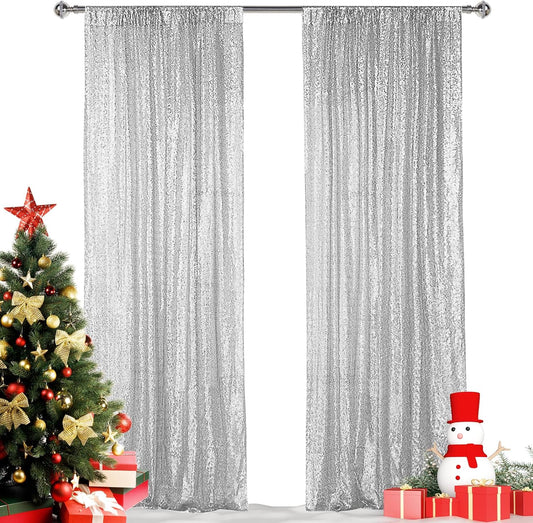 Hahuho Silver Sequin Backdrop Curtain, 2PCS 2FTx8FT Glitter Backdrop Curtain for Parties, Christmas, Wedding, Party Decoration（2 Panels, 2FT x 8FT, Silver