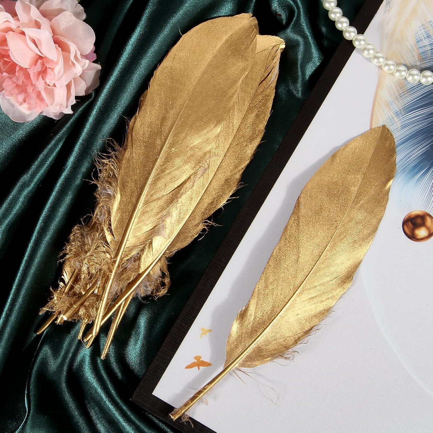 THARAHT 120pcs Gold Goose Feathers Natural Bulk 6-8 inch 15-20cm for Crafts DIY Cosplay Wedding Party Halloween Decoration Goose Nagoire Feathers