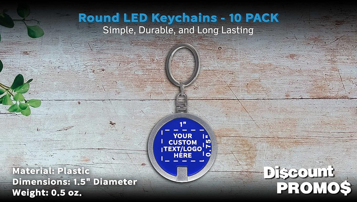 DISCOUNT PROMOS 10 Round LED Keychains - Customizable Text, Logo - Battery included, Plastic - Blue