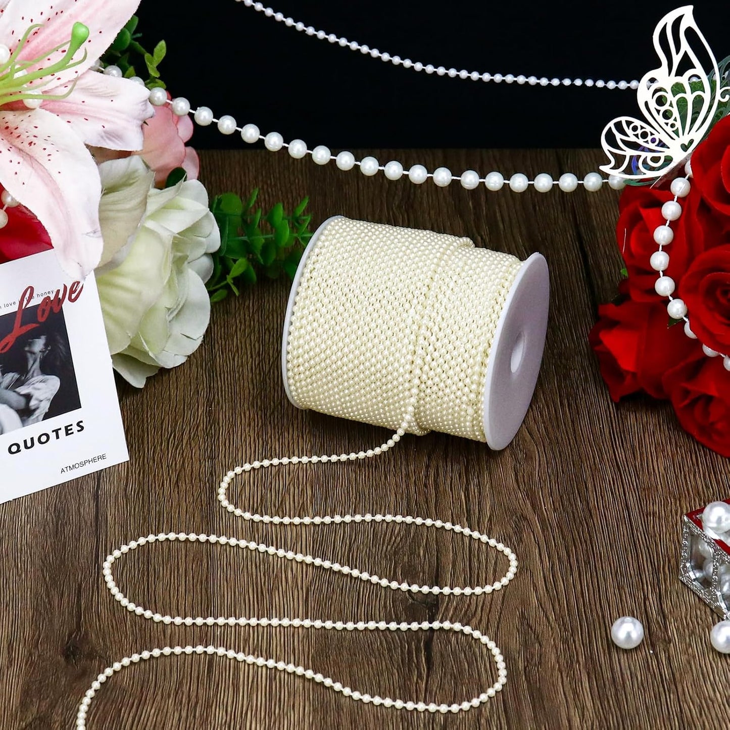 99 Feet 3mm Faux Ivory Pearl Strings Garland for Crafts, Artificial Small Pearl Beaded Trim Chain Strands for Wedding Centerpieces Party Decoration Christmas Tree Garland, Ivory