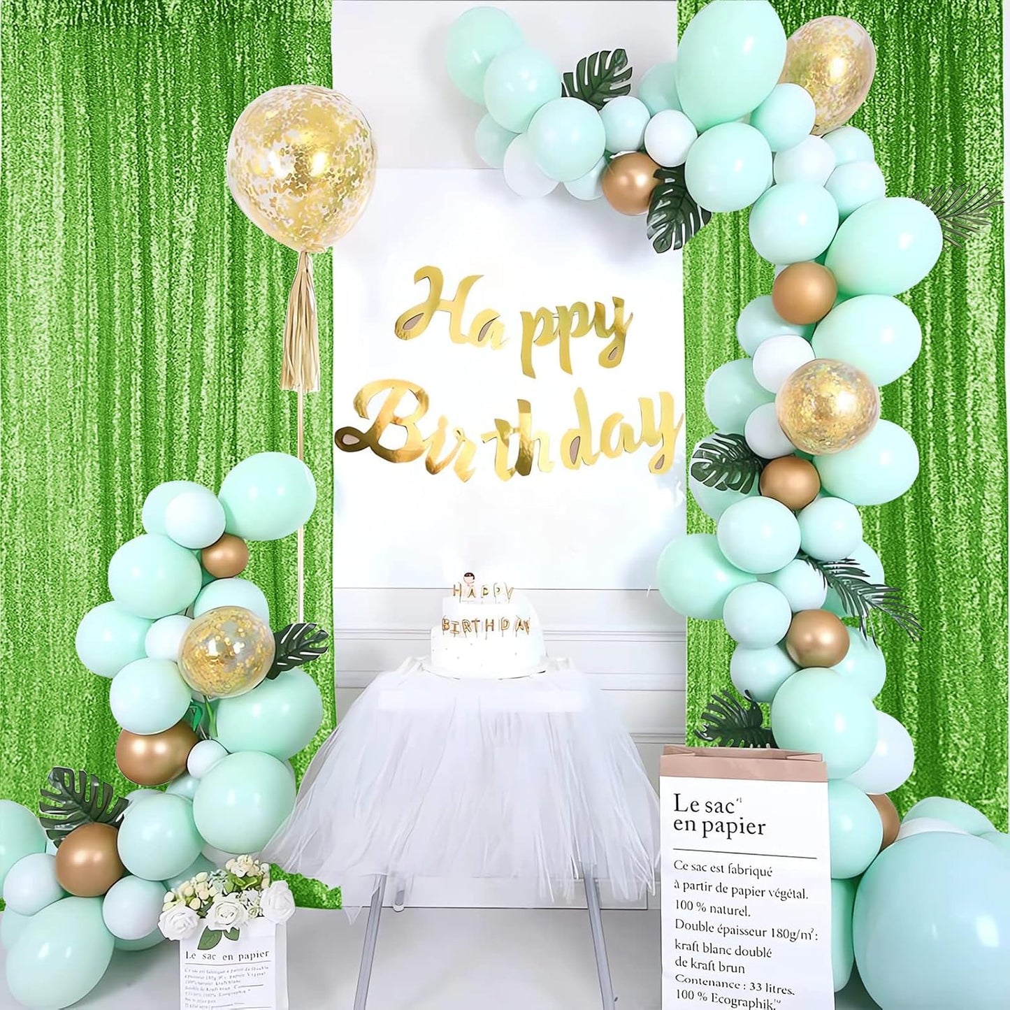 Hahuho Light Green Sequin Backdrop Curtain, 2PCS 2FTx8FT Glitter Backdrop Curtain for Parties, Christmas, Wedding, Banquet Decoration（2 Panels, 2FT x 8FT, Light Green）