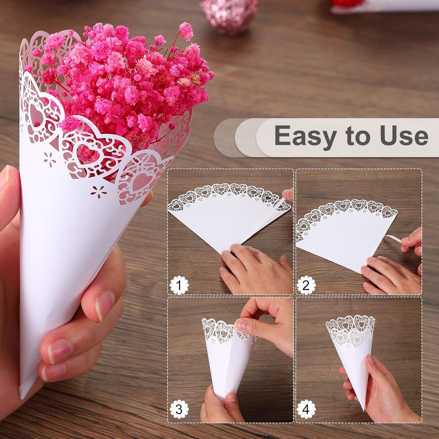 PATIKIL Wedding Confetti Cones, 50 Pcs Paper Tapers Hollow Print Lace Cone Bouquet for Party Candy Gift Boxes Chocolate Bags Buffet Bachelor Party Petals, Light Blue