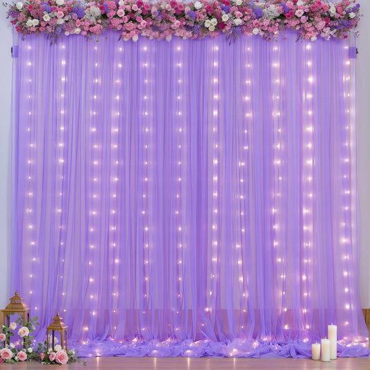 10x10ft Lavender Tulle Backdrop Curtains with Lights for Party Wedding Baby Shower, Sheer Wrinkle Free Backdrop Curtains for Birthday Party Photo Booth Background Decoration