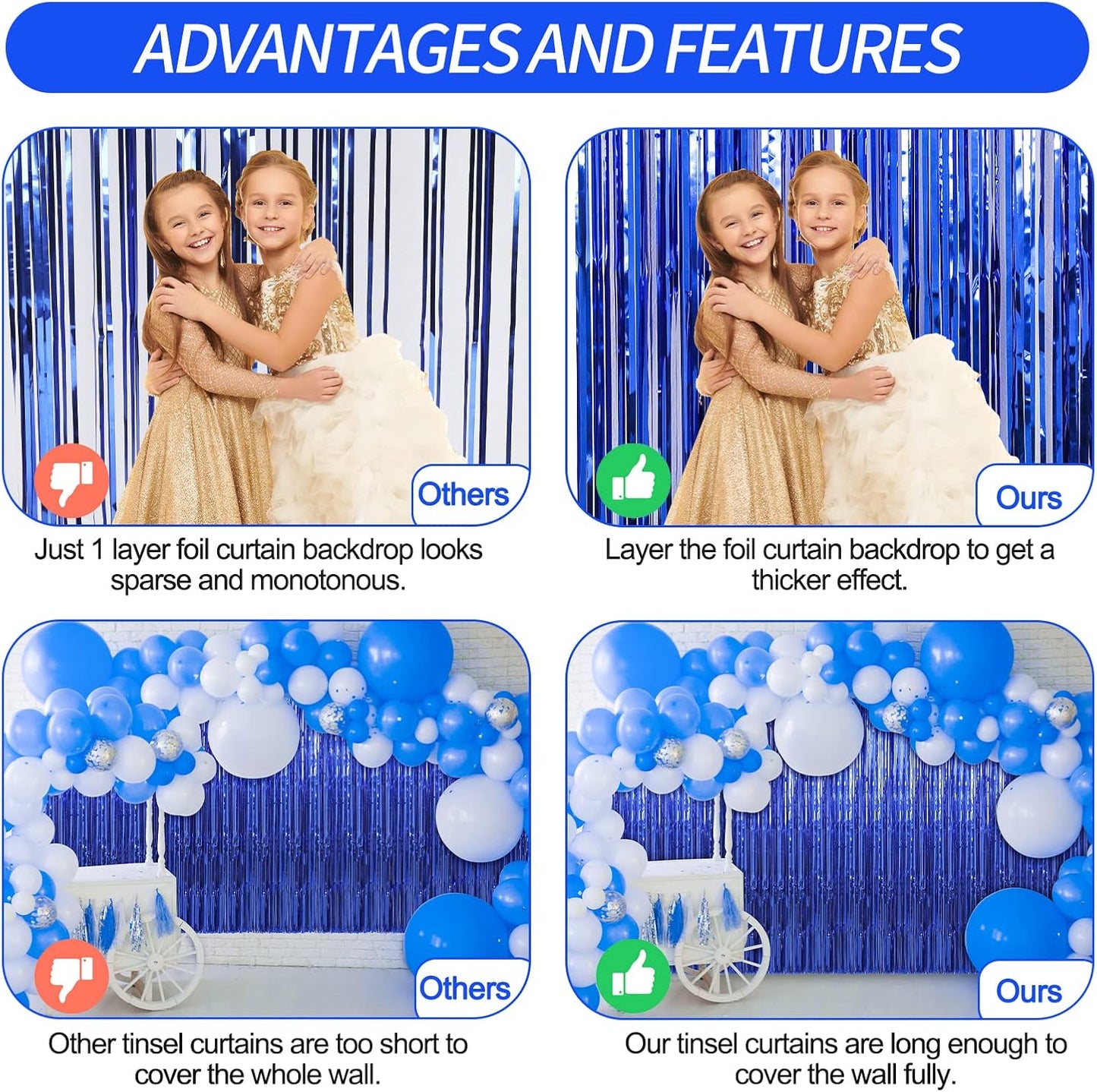 Crosize 2 Pack 3.3 x 9.9 ft Dark Blue Foil Fringe Curtains Party Decorations, Blue Tinsel Curtain Backdrop for Parties, Door Streamers, Glitter Streamer Fringe Backdrop for Birthday Decoration