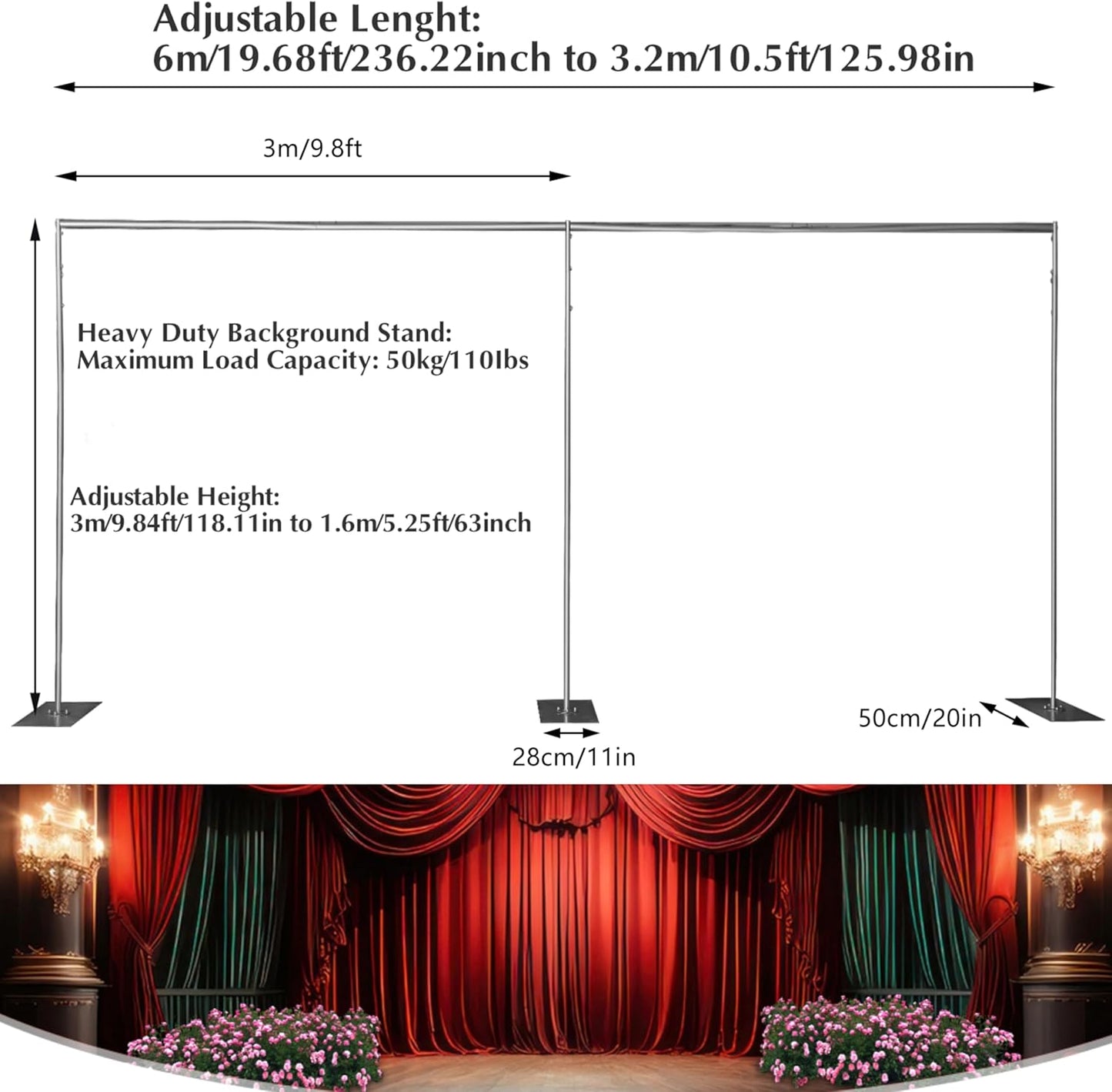 20ft x 10ft Adjustable Telescopic Heavy Duty Portable Pipe and Drape Backdrop Stand Photography Background Party Event Wedding Decoration Exhibition Trade Show Photo Studio Support Equipment