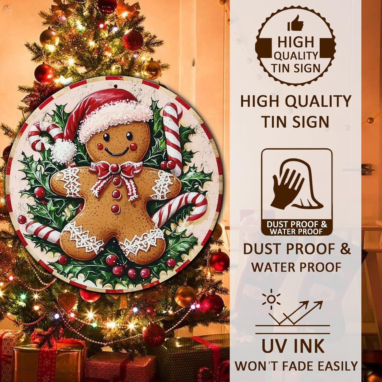 Round Christmas Metal Tin Sign Rustic Wall Decor Gingerbread Man Vintage Tin Sign Candy Canes Christmas Tin Sign for Home Garden Kitchen Bar Cafe Restaurant Garage Wall Decor 12 * 12 in