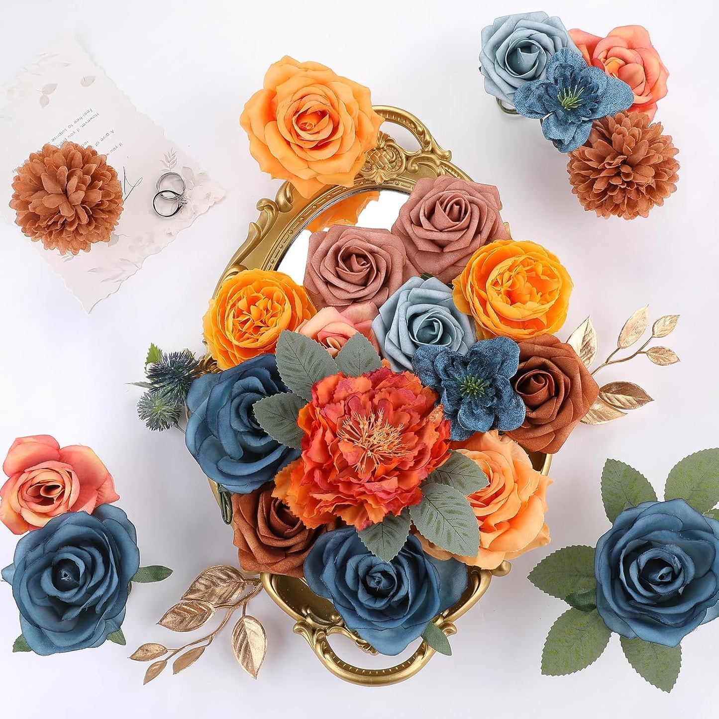 AmyHomie Teal Orange Artificial Flowers Combo Silk Mix Peony Rose Fake Flowers w/Stem for DIY Wedding Bouquets Centerpieces Arrangements Table Fall Decor Party Bridal Baby Shower Home Decorations