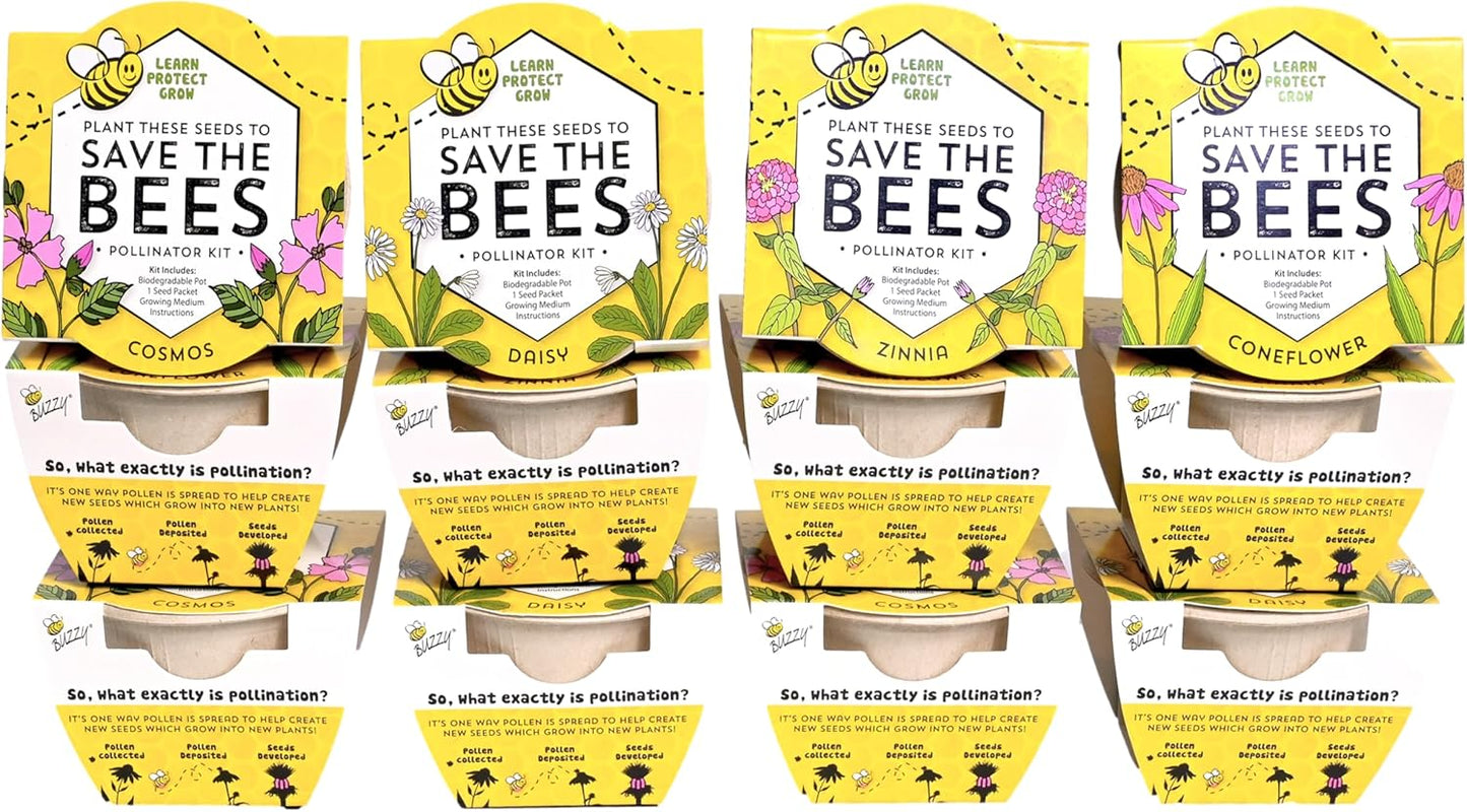 Buzzy Seeds Save The Bees Biodegradable Grow Kit | Herb, Plant, Flower Starter Kit for Kids & Adults | Assorted Wildflowers 12-Pack | Guaranteed to Grow | Best Indoor Grow Your Own Plant