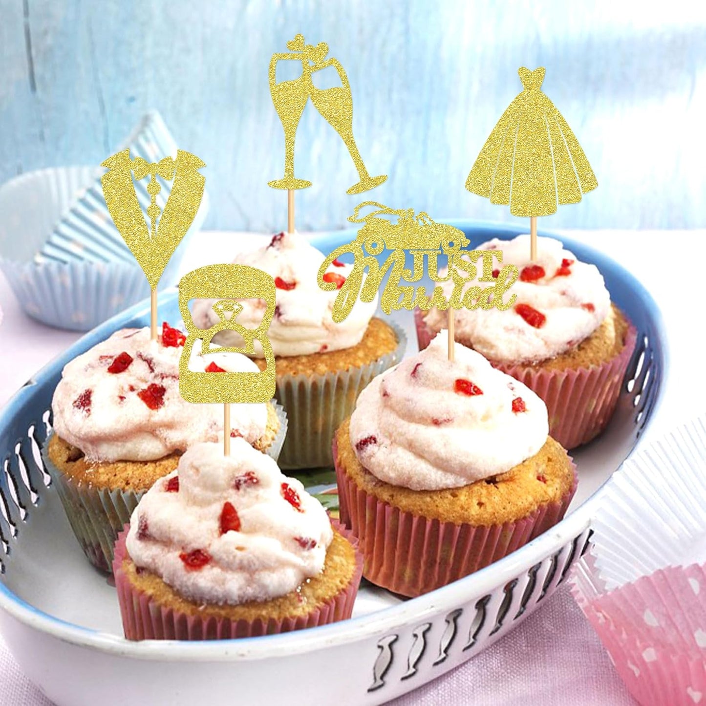 25 Pcs Bride and Groom Cupcake Toppers Wedding Dress Diamond Ring Cupcake Picks Bridal Shower Wedding Engagement Anniversary Party Cake Decorations Supplies golden