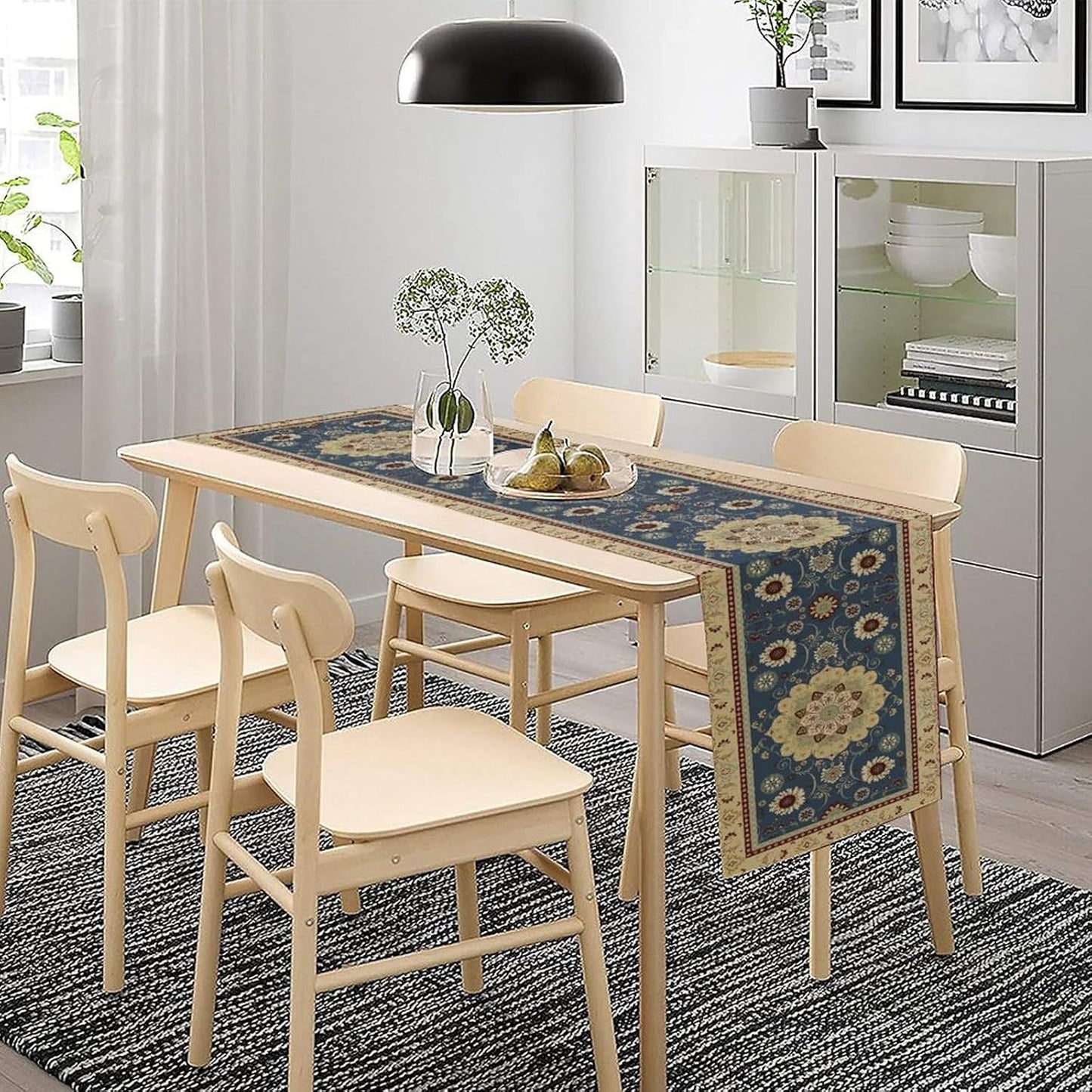 Vintage Boho Floral Table Runner, Elegant Rustic Country Farmhouse Blue Yellow Retro Flower Pattern for Home Kitchen Table Decor Dining Coffee Room Party Decor 13x90in