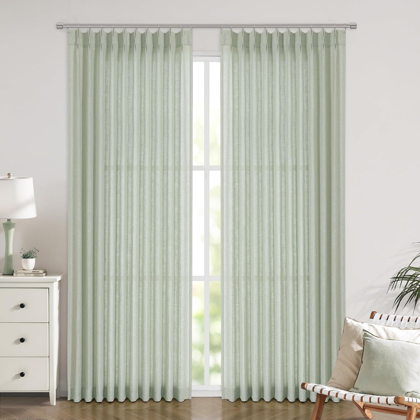 Vision Home Light Green Pinch Pleated Semi Sheer Curtains Textured Linen Blended Light Filtering Window Curtains 112 inch for Living Room Bedroom Patio Pinch Pleat Drapes with Hooks 1 Panel 60"Wx112"L