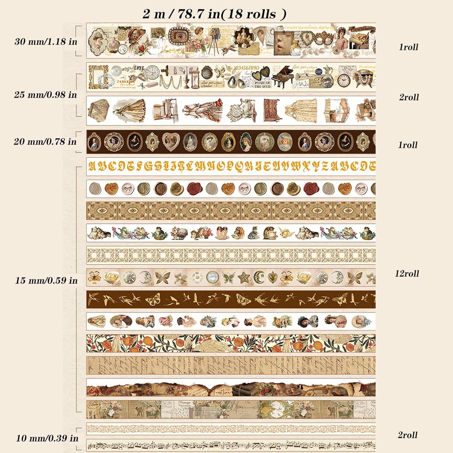 18 Rolls Vintage Victorian Washi Tape Set Journal Tape for Crafts and Journaling DIY Scrapbooking Supplies washi Tape for Scrapbooking Decorative Tape