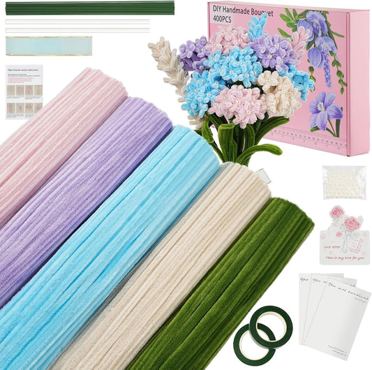 400 Pcs Soft Craft Pipe Cleaners Flowers,5 Colors Chenille Stems Bulk with Floral Wires, Gardening Tape,Greeting Card,Bouquet Paper,Hot Glue Stick,Pearl & Ribbon,Ideals for Various Types Decor