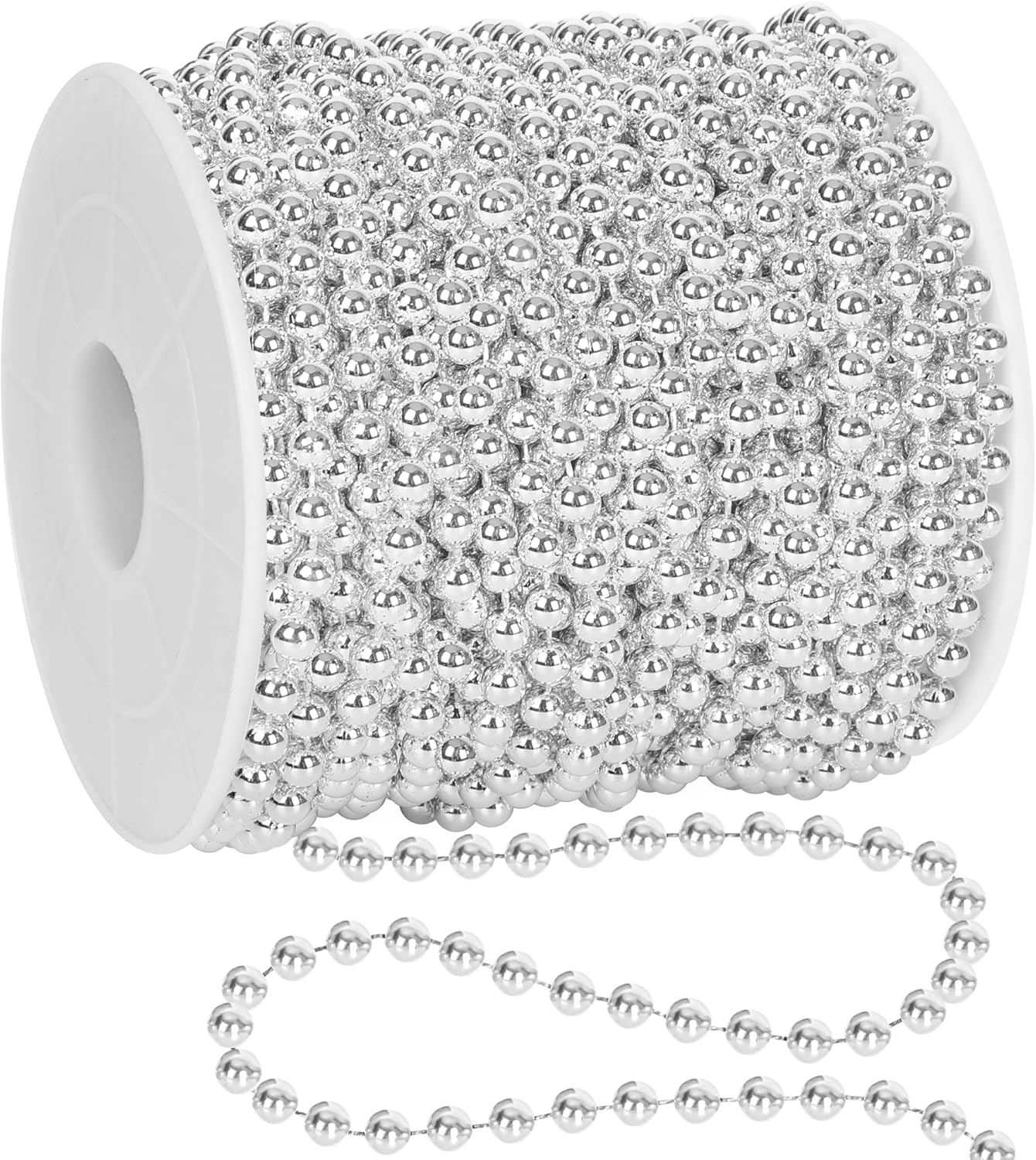 100 Feet Silver Christmas Tree Decor, Christmas Tree Garland Beads, Xmas Beads Chain Decorations Artificial Pearl Garland for DIY Xmas Fireplace Home Party Decor