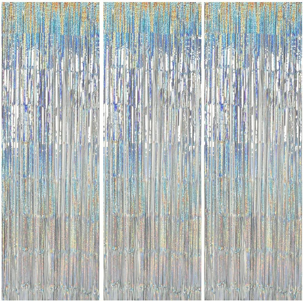 TONIFUL 3Pcs Laser Silver Door Streamers,Laser Silver Photo Booth Backdrop Metallic Streamers Foil Fringe Curtains for Birthday,Christmas,New Year,Bachelorette,Grad Party(9.9ft x 6.6ft)