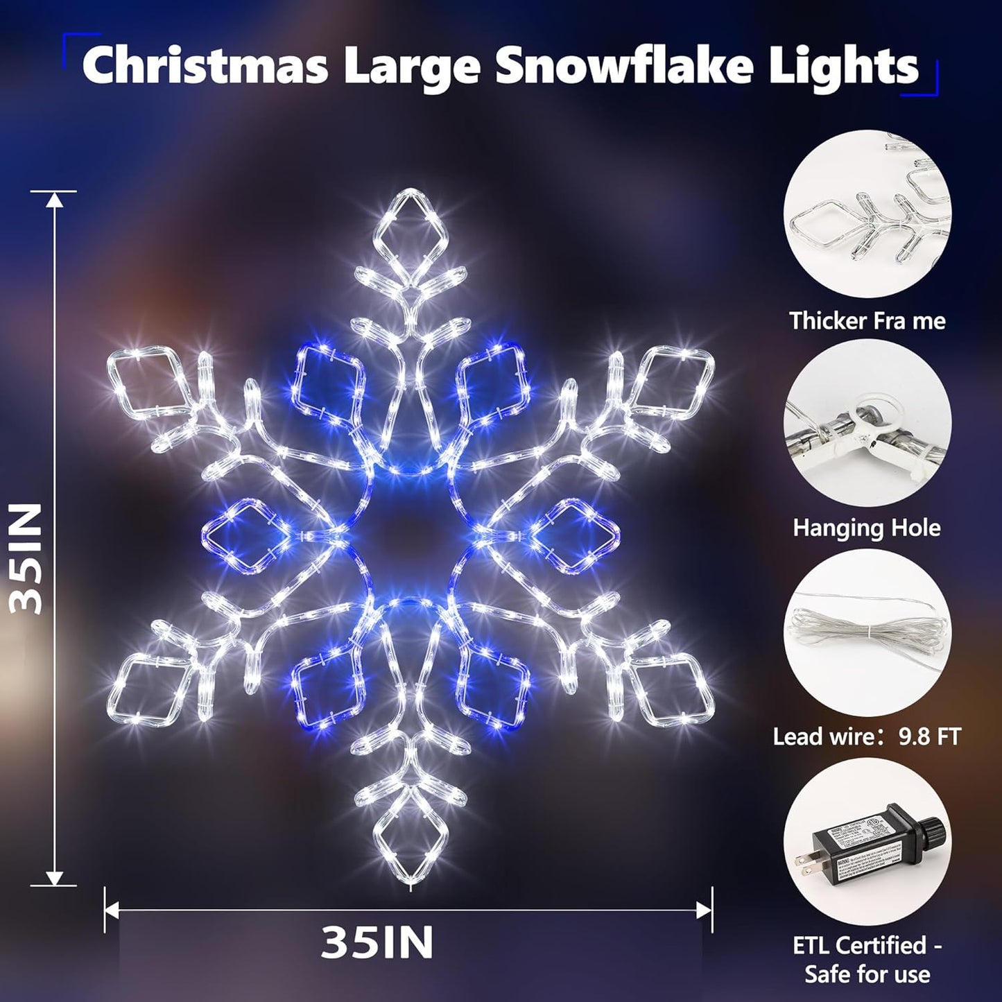 Christmas 35'' Snowflake Lights Decoration - Outdoor Waterproof Christmas Lights Super-Bright White and Blue with Ultimate Timer for Outdoor Home Party Wall Hanging Light