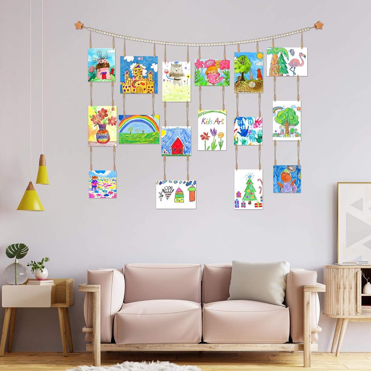 KOLLIEE Kids Artwork Display Art Wall Decor 4.93ft Boho Wooden Beaded Garland Collage Holder with Hanging Rings Stars Hook 40 Wood Clips for Kids Artwork Photo Room Bedroom Decor(Big Wooden Beads)