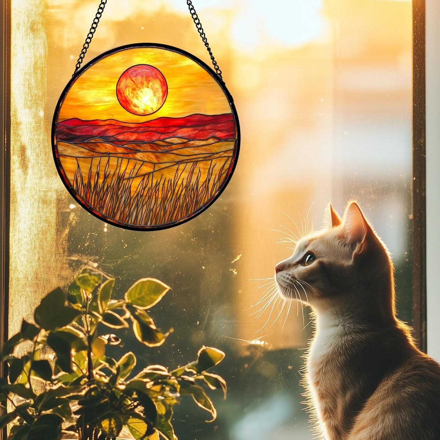 Stained Glass Window Hanging 4 Pcs Set Desert Sunset Theme Landscape 6.3" - Suncatcher Door Garden Sun Catcher Decor Birthday Christmas for Mom Woman Nana Men