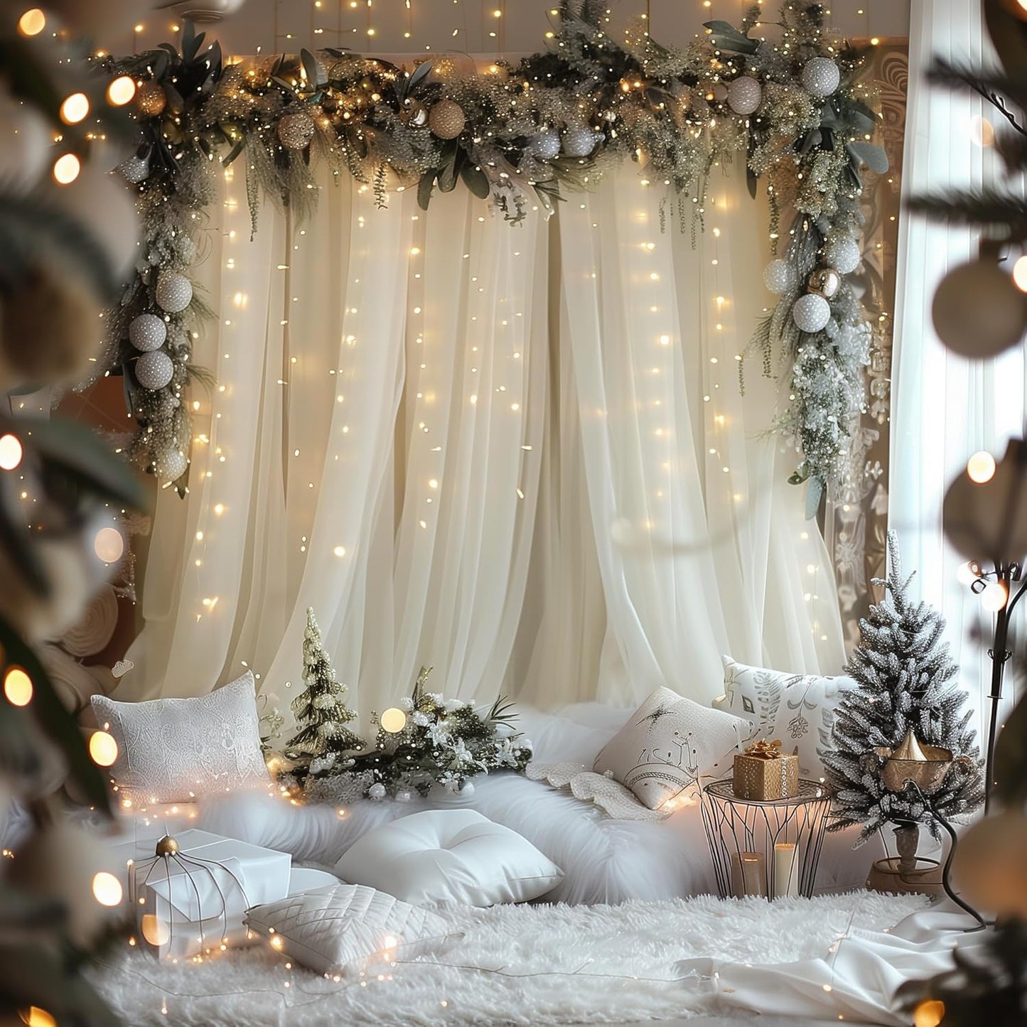 Fomcet Ivory Tulle Backdrop Curtains with Lights String 10FT X 10FT Sheer Curtain with Lights Tulle Curtains Backdrop for Wedding Birthday Party Photo Shoot (2 Panels 5x10FT)