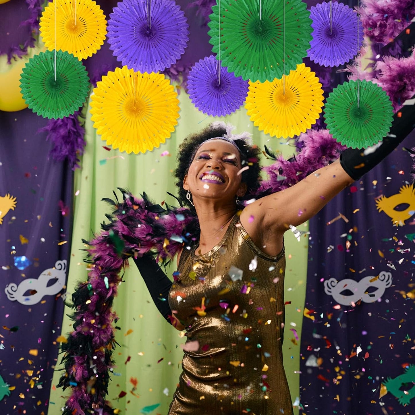 18 Pcs Mardi Gras Hanging Honeycomb Paper Fans, Round Paper Fan Decorations for Weddings, Birthdays, Bachelorette, Photo Booth Backdrops, Baby Shower, Anniversary Events Party Supplies