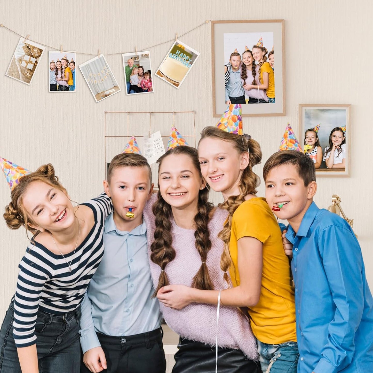 100 Pcs Wooden Clothespins for Photo Hanging Display, Mini Clothes Pins with String, Photo Display Hanging Clips for Crafts Pictures Photos Home Birthday Wedding Party Decoration