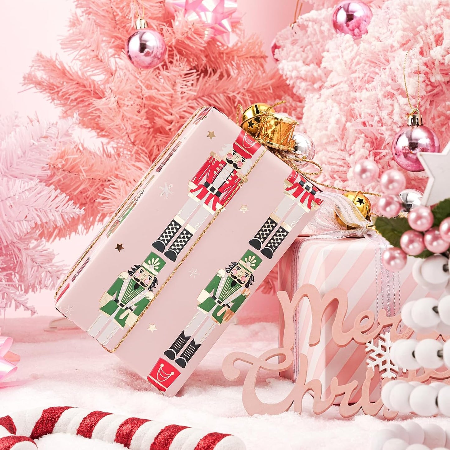LeZakaa Christmas Pink Wrapping Paper Mini Roll for Kids, Pink Metallic Foil Gift Wrap Paper with Red & Green Nutcracker Soldier & Stripe Reversible Design, 17 inches x 32.8 Feet