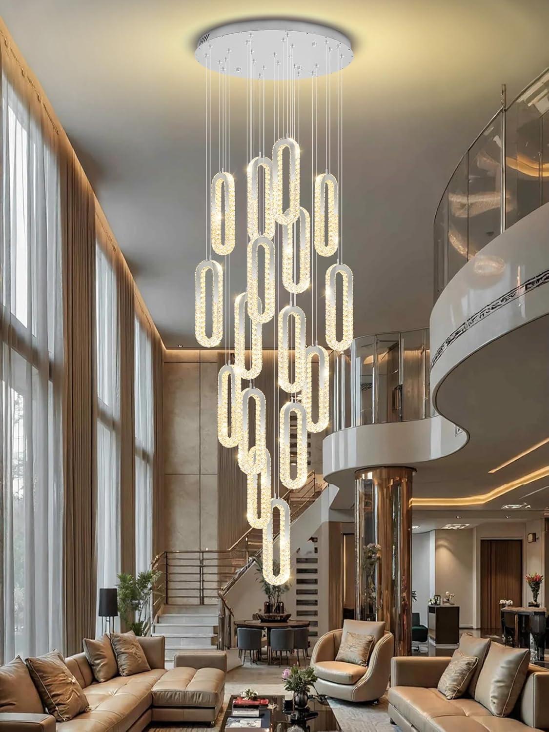 H138 Large Chandelier for High Ceiling,Modern 16-Rings Crystal Chandeliers for Entryway,Silver Pendant Light for Living Room,Foyer,Entryway LED Dimmable Staircase Chandelier