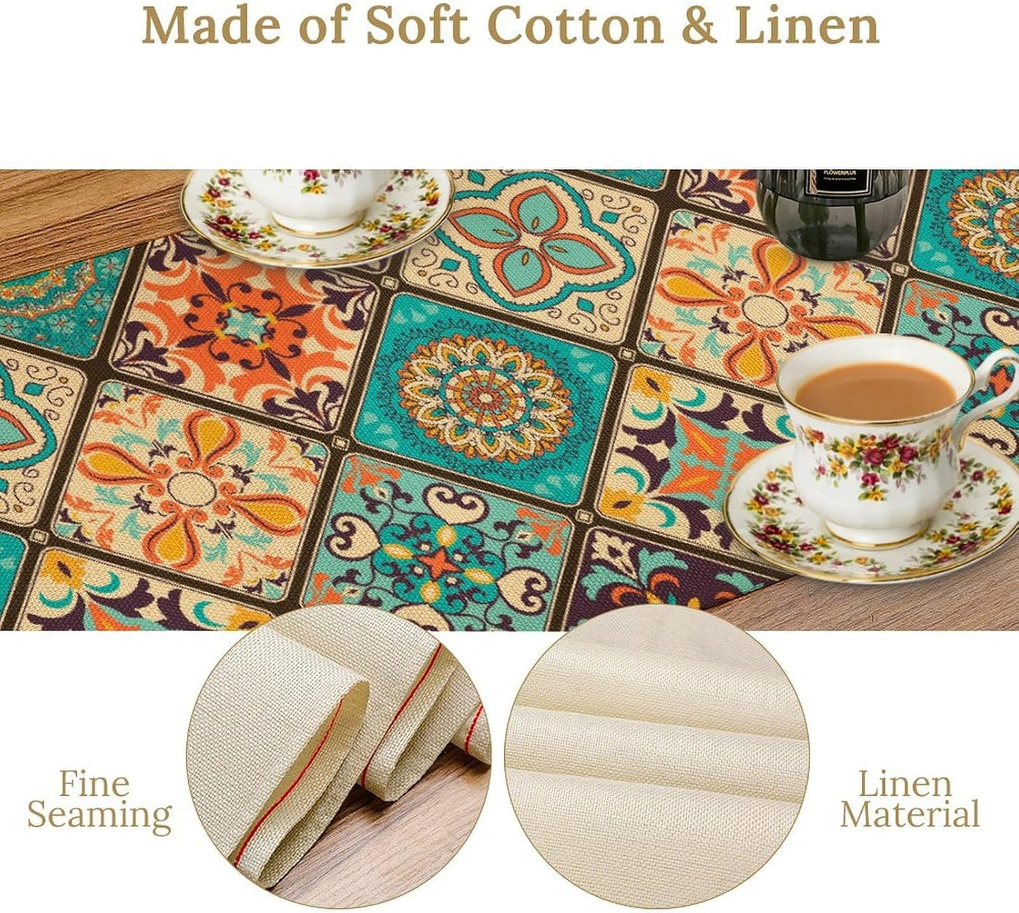 Boho Floral Table Runner,Vintage Bohemian Style Table Runner for Kitchen Dining Table Home Party Decoration 13x90 Inch