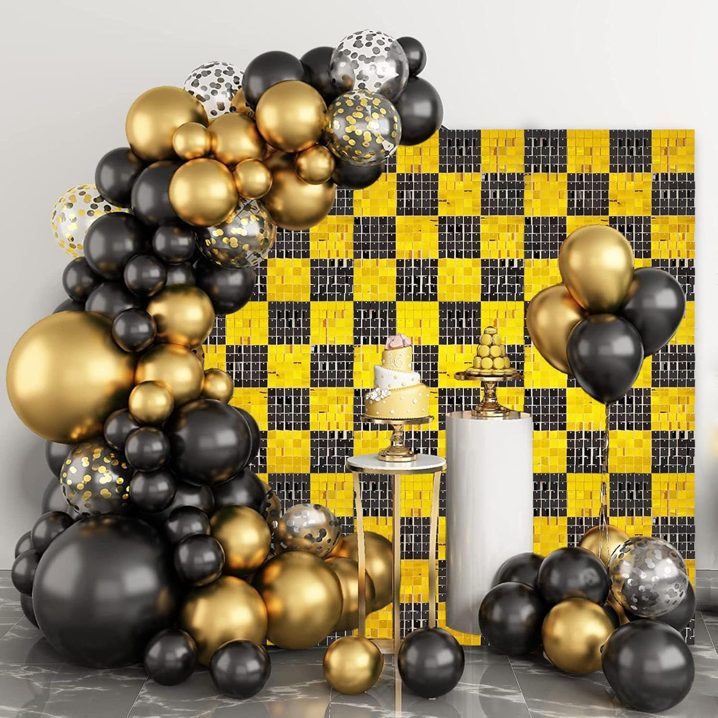 12PCS Black Gold Shimmer Wall Backdrop, Square Sequin Photo Backdrops Panel, Glitter Wall Background for Birthdays, Weddings, Christmas, Engagements, New Years Party Decor (3FTx4FT)