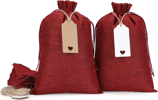 Tapleap Burlap Bags with Drawstring - 10Pcs 8x12 Red Gift Sacks for Wrapping Halloween Favors, Breads, Mason Jars, For Birthday, Wedding, Fall Themed Party or Household Use