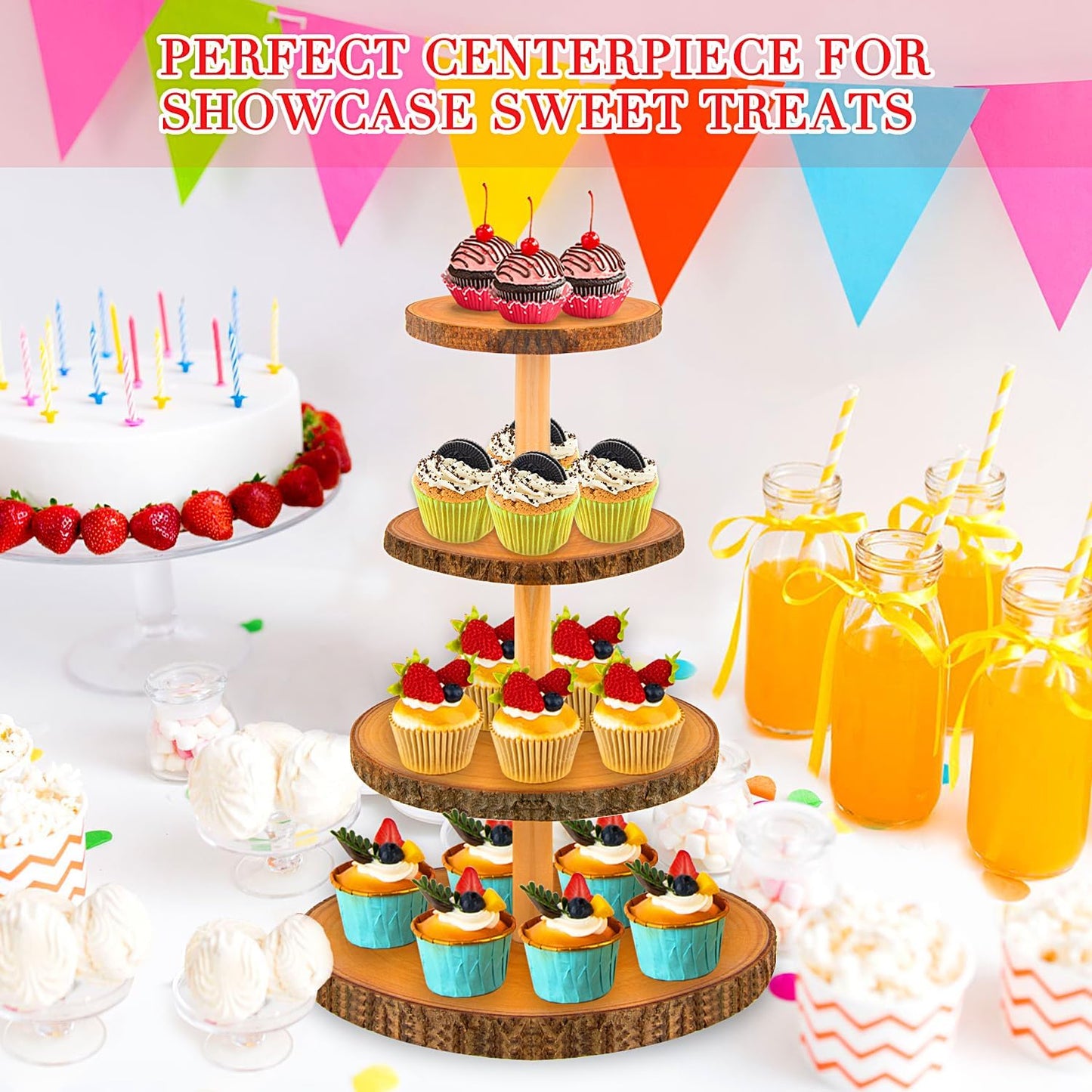 Cupcake Stand Wood Dessert Stands 4 Tier Wooden Cupcake Stand - Large Capacity, Bark-Covered, Varnished, Multi-Functional for Weddings, Baby Showers, and Parties.