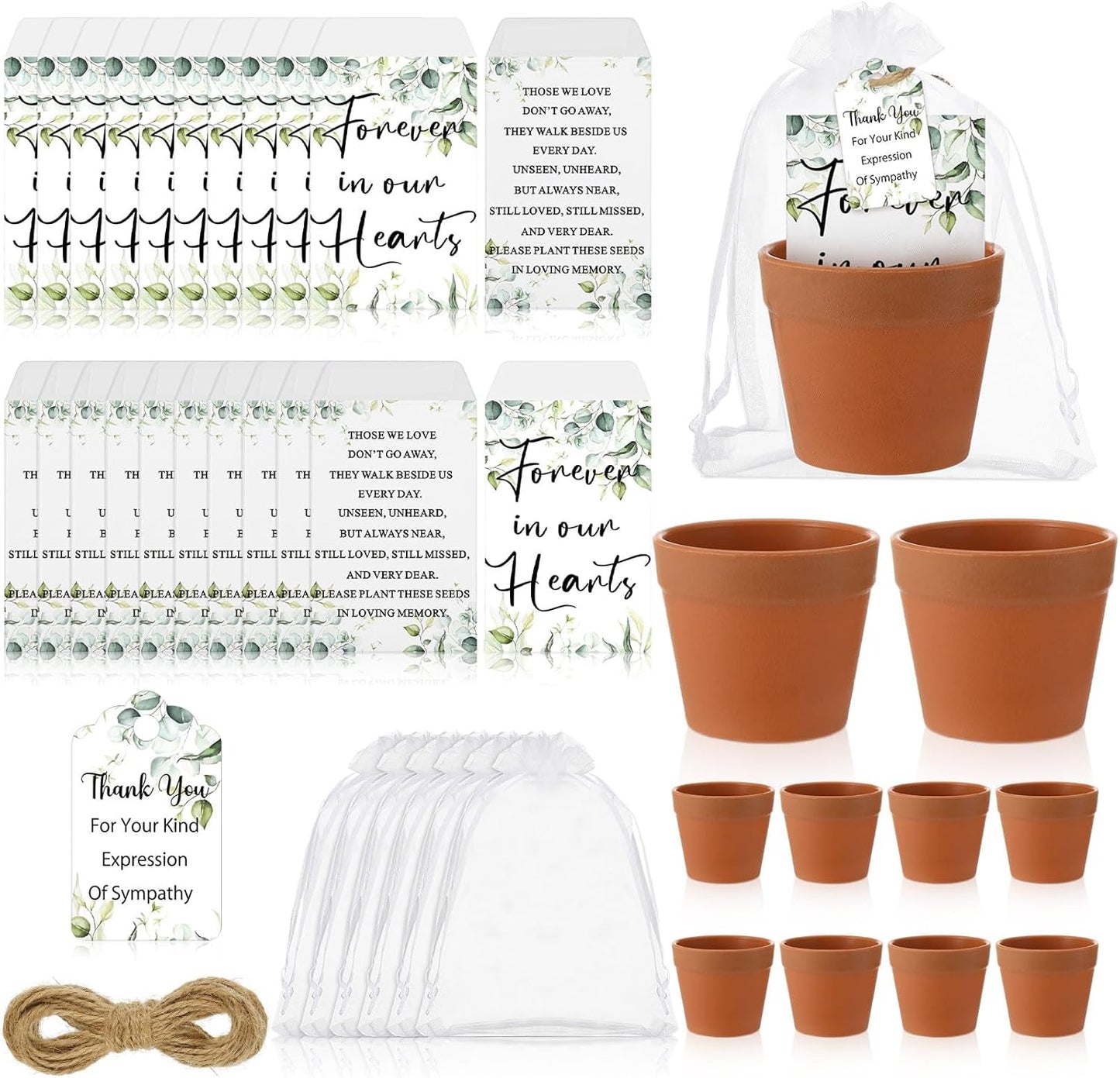 Ctosree 50 Sets Funeral Favors for Guests Greenery Celebration of Life Gifts Include Seed Packet Flowerpot Thank You Cards Hemp Ropes Organza Bags for Guest Funeral Party Memorial Party Return Gifts