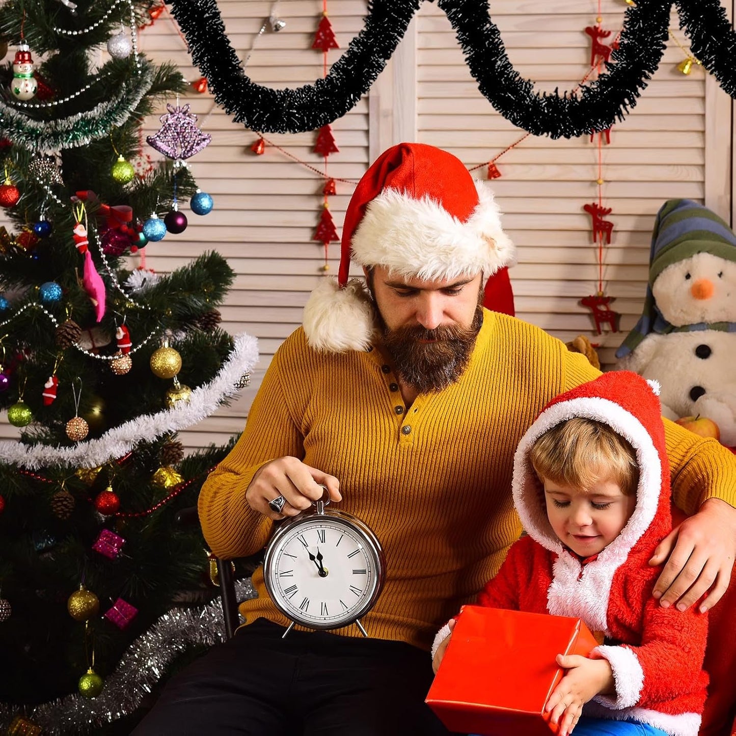 25 Feet Black Christmas Tinsel Garland, Metallic Foil Twist Garland Wall Hanging Tinsel Banner Backdrop for Parade Floats, Easter, Mother's Day, Birthday Party Decorations (4in x 25ft)