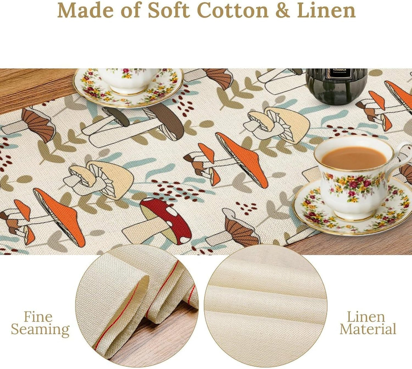 Mushroom Table Runner, Vintage Nature Plant Table Runner for Farmhouse Kitchen Dining Table Decoration for Home Party Decor 13x120 Inch