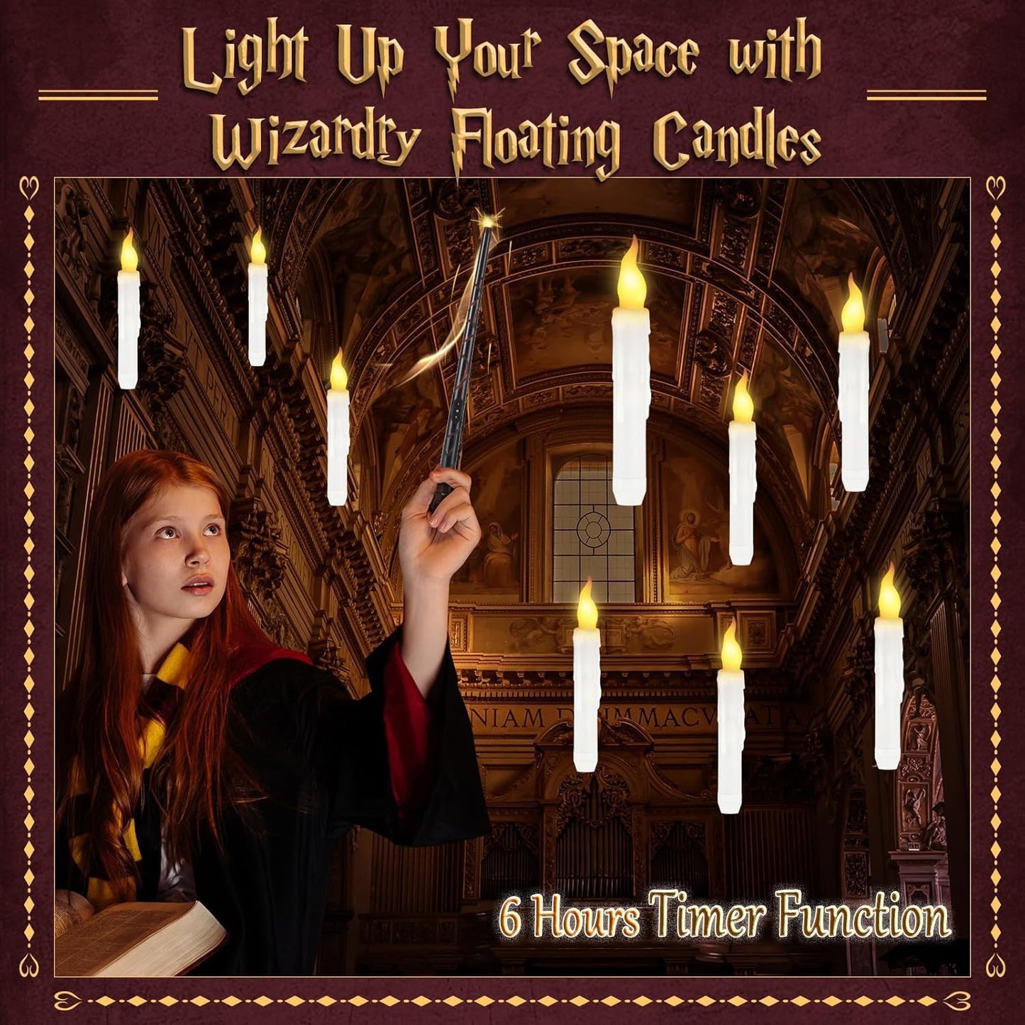 Halloween Decorations, Floating Candles with Magic Wand & 6H Timer Function,12 PCS Hanging Battery Operated Flickering Flameless Candles for Halloween Decor, Chrismas Party, Birthday, Wedding, Church
