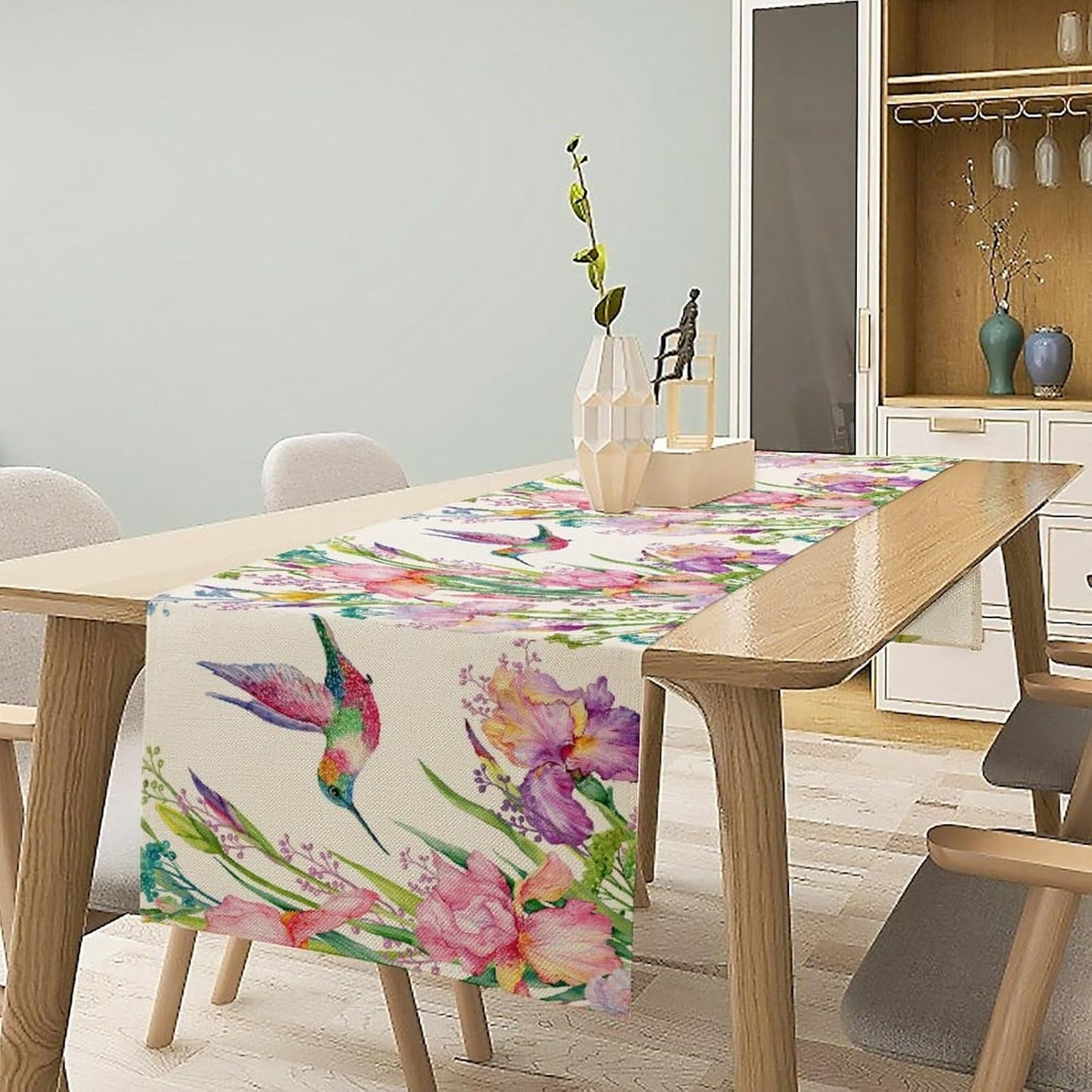 Hummingbird Table Runner,Pink Floral Country Style Table Runner for Kitchen Dining Table Home Party Decoration 13x72 Inch