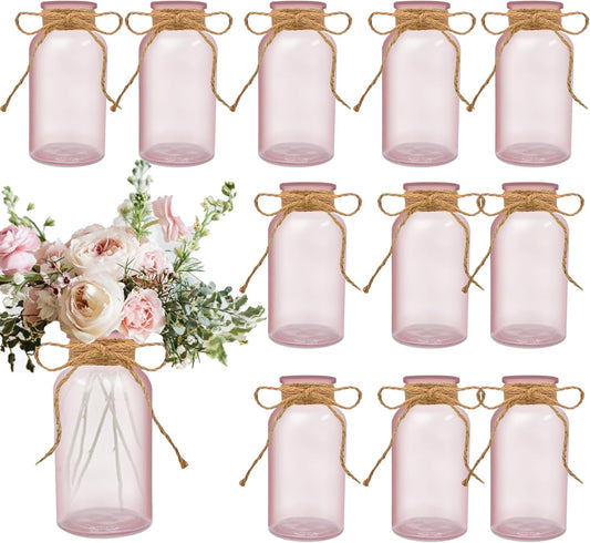 Vintage Glass Flower Vase，12 Pack Pink Farmhouse Glass Centerpiece Vases Mason Jars for Weddings, Parties & Home Decor Bulk (12, Pink)