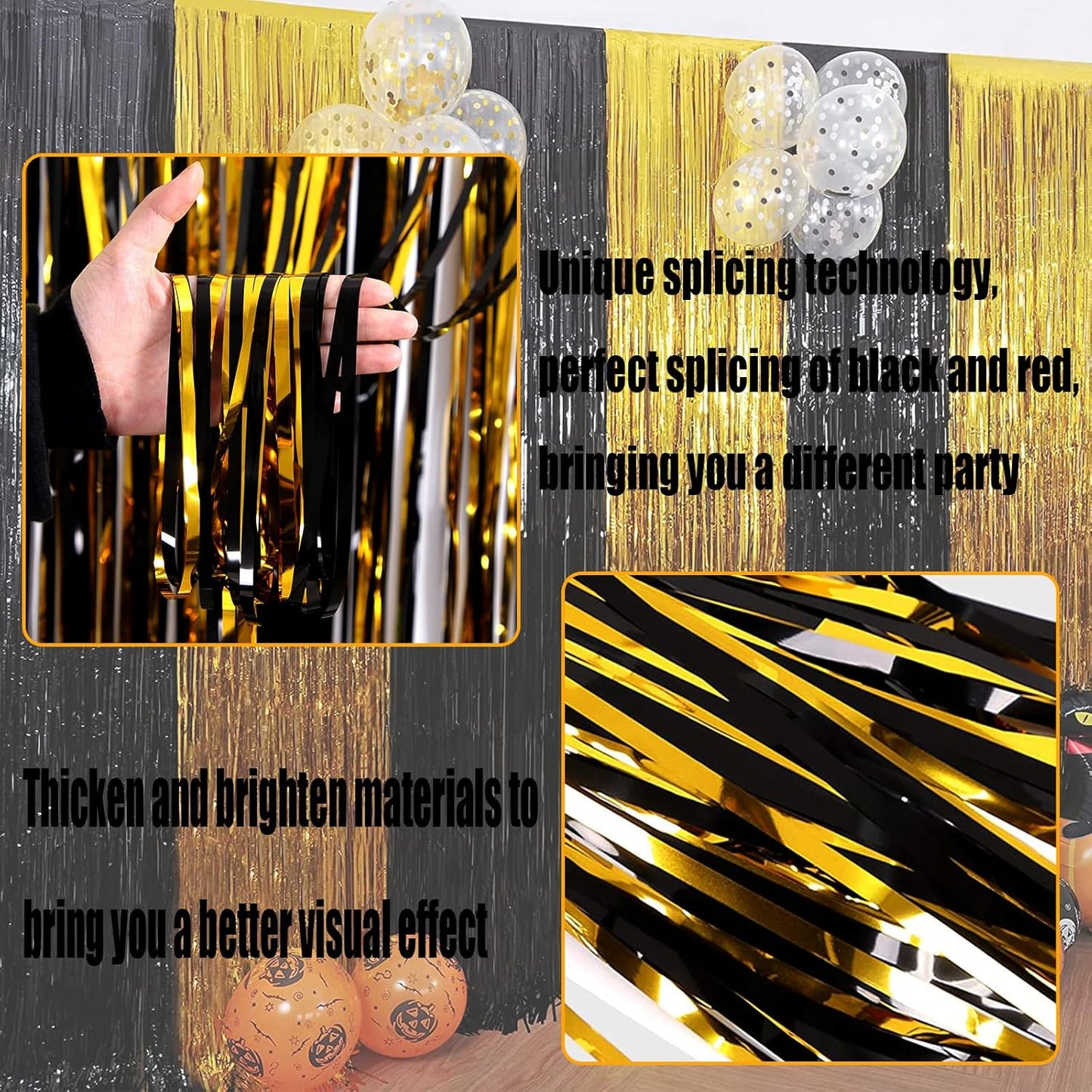 4 Pack Black Gold Foil Fringe Curtain Backdrop, 3.28Ft x 8.2Ft Metallic Tinsel Foil Fringe Streamers Curtains for Photo Booth, Wedding, Graduation, Birthday, Carnival Party Decoration