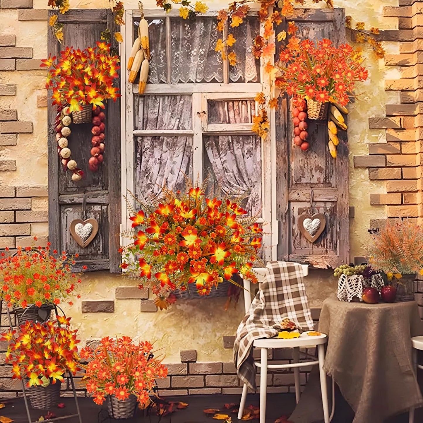 16Pcs Artificial Fall Flowers Outdoor Fake Fall Plants UV Resistant Autumn Greenery Plastic Flowers Shrubs for Outside Porch Patio Garden Boxwood Thanksgiving Decor