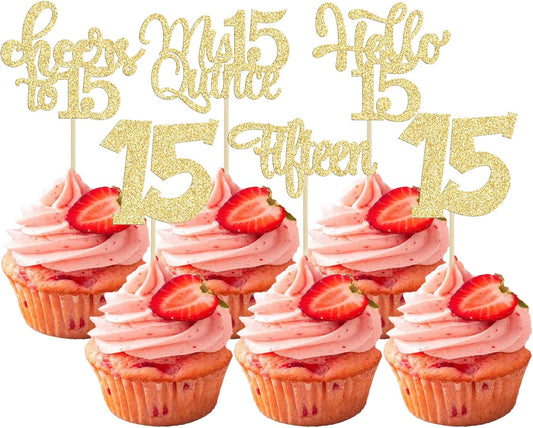 30Pcs 15th Birthday Cupcake Toppers Fifteen Cupcake Picks Cheers to 15 Years Old Mis Quince 15 Cake Decorations for 15th Birthday Anniversary Party Gold Glitter