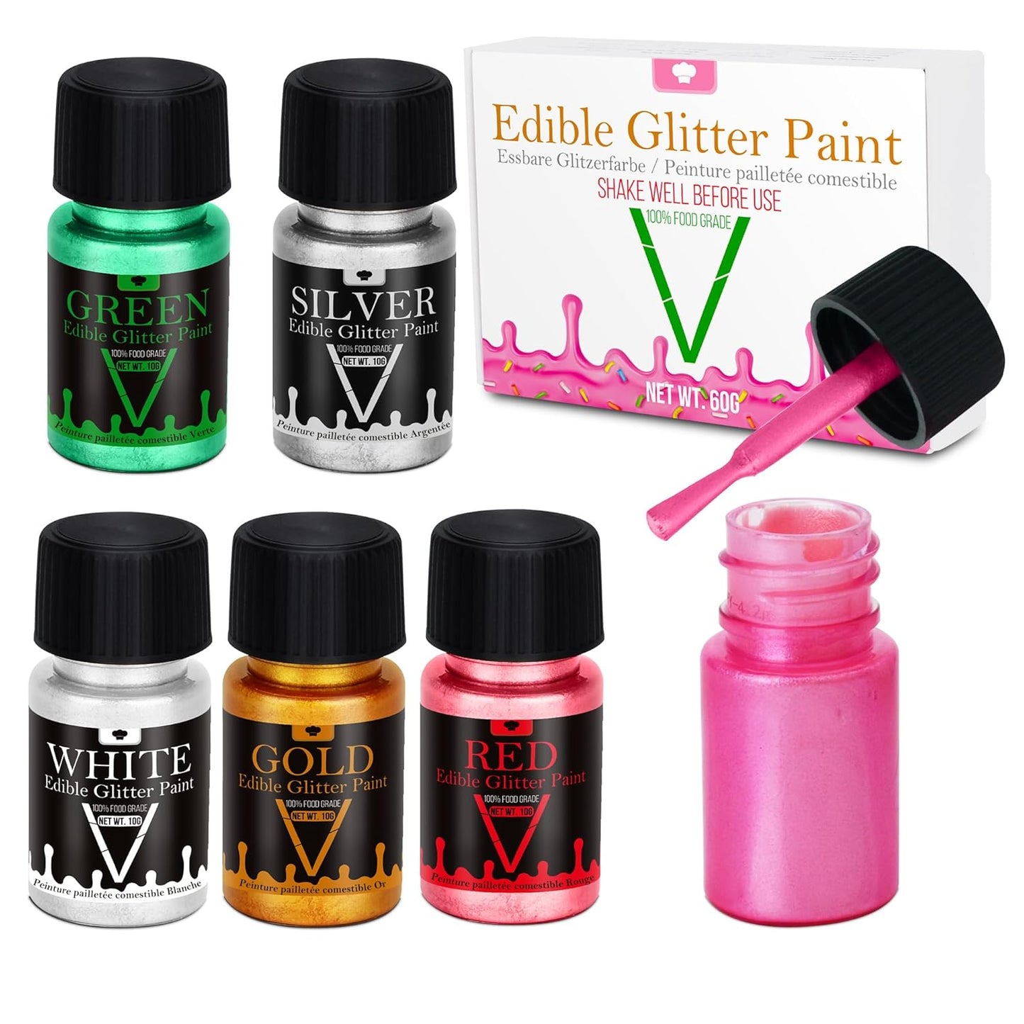 Edible Glitter Paint - 6 Colors Food Grade Edible Paint for Cake, Chocolate, Cupcakes, Cocktail, Shimmer Decorative Paint Liquid Food Coloring for Halloween Candy, Drinks, Baking, 6x10g