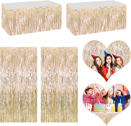 4P Metallic Foil Fringe Tinsel Table Skirts for Rectangle Tables Backdrop Banner Streamer Garland Curtains for Parade Floats Wedding Graduation Anniversary Birthday Parties Decoration (Champagne)