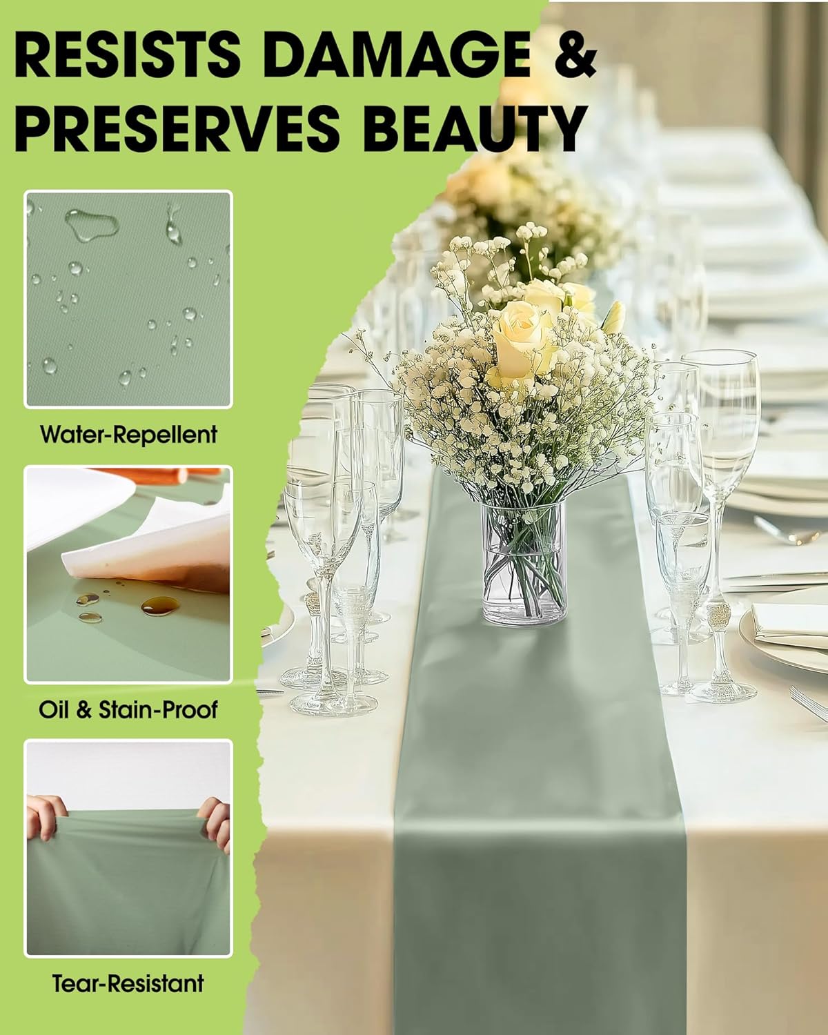 Pureegg Sage Green Plastic Table Runners - 20 Pack, 14'' x 108'', Water Resistant & Disposable Centerpiece Decorations for Table Cloth, Wedding, Birthday, Holiday, Baby Shower, Party, Home Decor