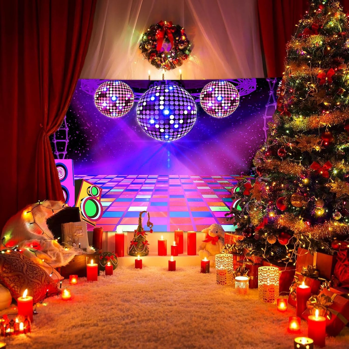 Dance Party Backdrop Retro 80s 90s Theme Stage Dance Ball Music Birthday Party Decoration DJ Photography Background 8 x 6 ft for Baby Shower Picture Photo Shoot Polyester Fabric,Purple