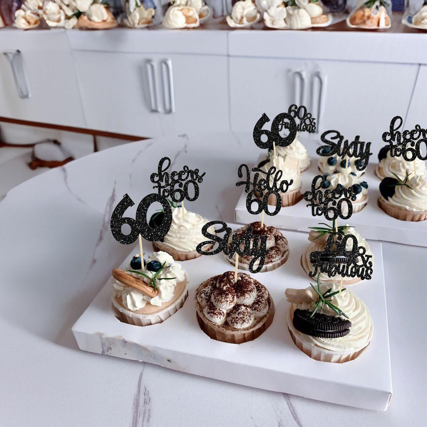 30Pcs Happy 60th Birthday Cupcake Toppers Black Glitter Sixty Cake Toppers Cheers to 60 Years Old Birthday Cupcake Picks for 60th Birthday Anniversary Party Cake Decorations Supplies