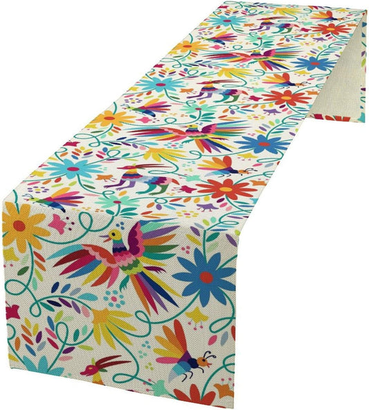 Mexican Table Runner,Boho Colorful Nature Inspired Flowers and Birds Table Cloth Kitchen Dining Table Home Party Decoration 13x120 Inch