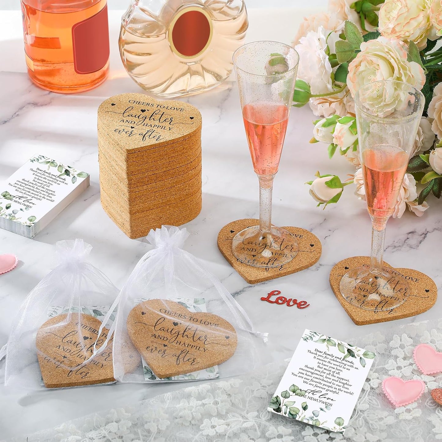 Uiifan 80 Set Wedding Favors for Guest Coaster Gifts Bulk Heart Shaped Coasters Thank You Cards Organza Bags Guest Souvenirs for Wedding Party Bridal Favors