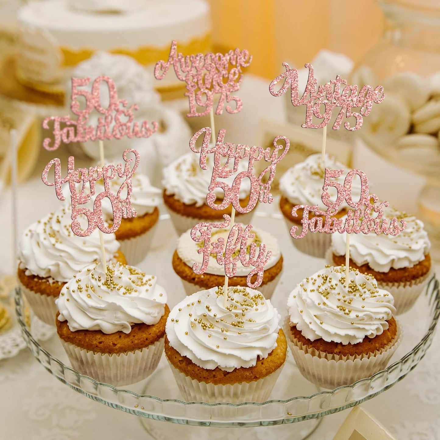 30Pcs Vintage 1975 Cupcake Toppers Glitter Fifty 50 Fabulous Happy 50th Birthday Cupcake Picks Cheers to 50 Years for 50th Birthday Anniversary Party Cake Decorations Supplies Rose Gold